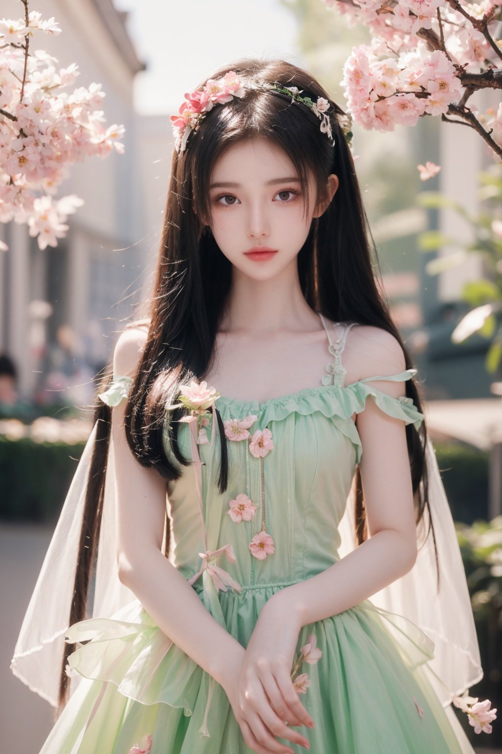  1girl, yuzu, qingsha, medium shot, solo, emotional_face, flower dress, flower armor, looking_at_viewer, green_theme, colorful blooming flowers, forming a dreamlike world, flower_garden, flowers everywhere, greens, pinks, bokeh, cinematic, exposure blend, (teal and orange:0.85), (muted_colors, dim_colors, soothing_tones:1.3), high contrast, low saturation, (Canon RF 85mm f/1.2L), angel