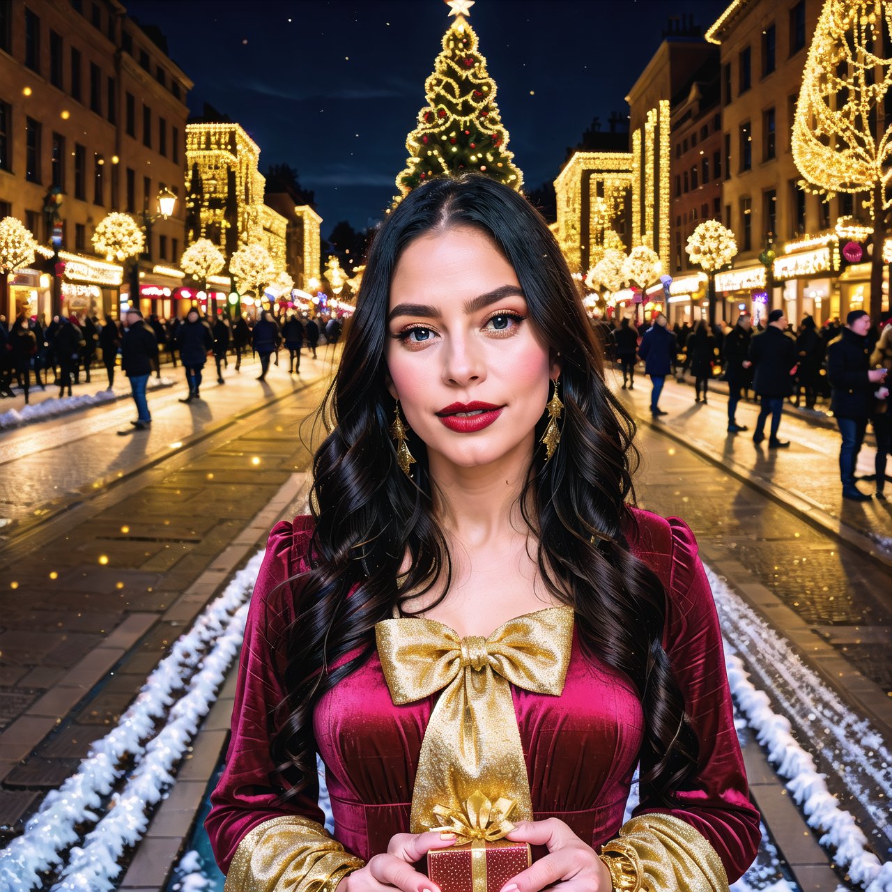 A girl in a chocolate carriage near a Christmas tree, surrounded by mythical gifts on a snowy day. (best quality,4k,8k,highres,masterpiece:1.2),ultra-detailed,(realistic,photorealistic,photo-realistic:1.37),illustration,enchanted scene,beautifully decorated carriage with intricate details,deliciously rich and textured chocolate,sparkling snowflakes falling gently,grand and majestic Christmas tree adorned with twinkling lights and colorful ornaments,mythical creatures presenting magical gifts,present wrapped in shimmering gold paper with a velvet ribbon,enchanted atmosphere with a touch of wonder and delight,soft and warm glow from the carriage's lanterns,cozy and inviting ambiance,rich and vibrant colors,whimsical and dreamy art style.