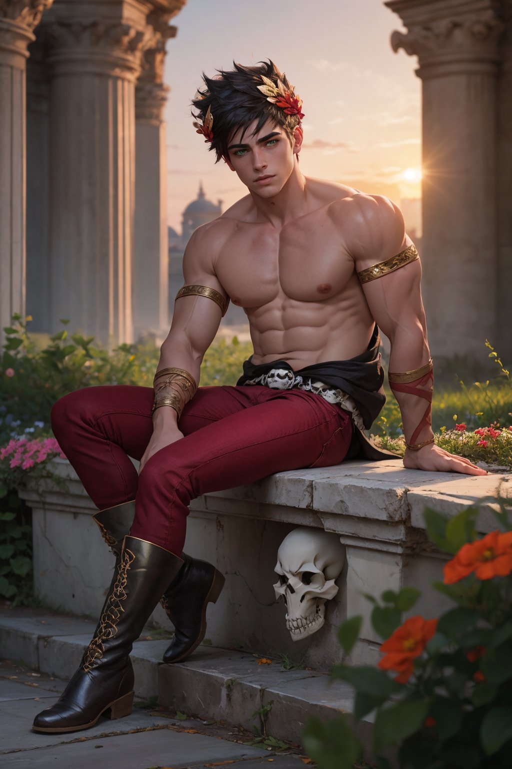 Nsfw 1boy, zagreus, sitting,  laurel crown, heterochromia, red eye, green eye, BREAK, red pants, boots,  skull,  belt, greek clothes, single bare shoulder, muscular, garden, flowers, sunset, roman city, looking at viewer.,HIGHLY DETAILED,Film grain 