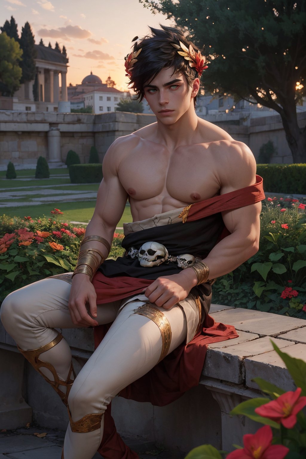 Nsfw 1boy, zagreus, sitting,  laurel crown, heterochromia, red eye, green eye, skull,  belt, greek clothes, single bare shoulder, muscular, garden, flowers, sunset, roman city, looking at viewer.,HIGHLY DETAILED,Film grain 