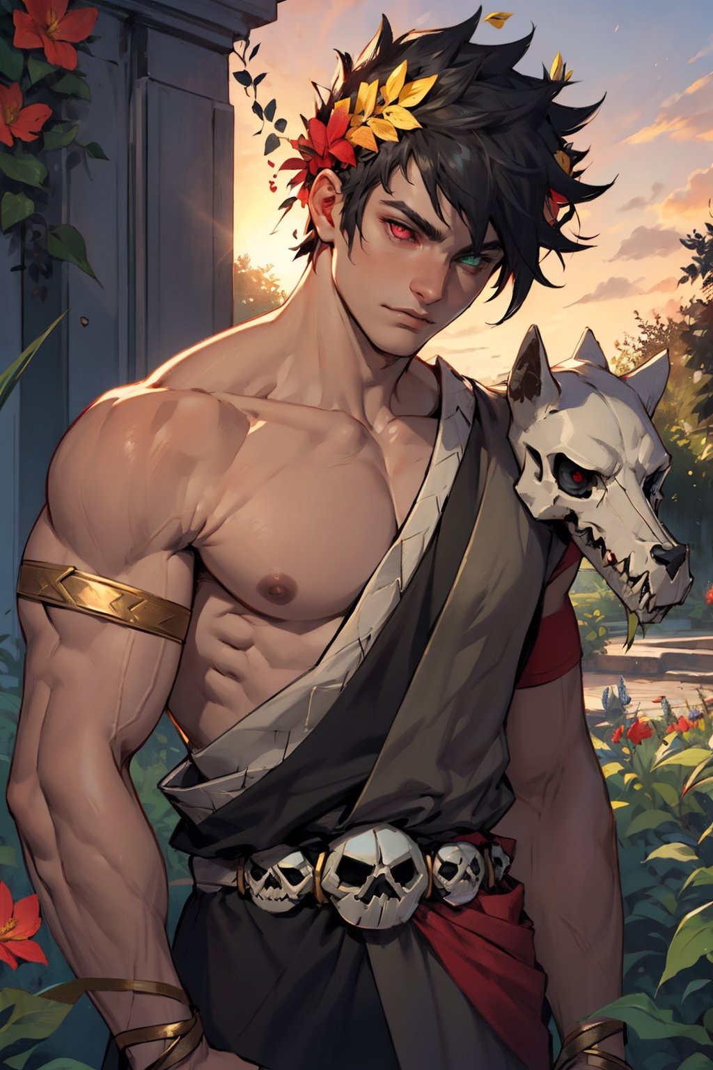 1boy, zagreus, laurel crown, heterochromia, (red right eye, black sclera on right eye) skull, belt, greek clothes, single bare shoulder, sword over shoulder, muscular, garden, flowers, sunset, cowbow shot. 