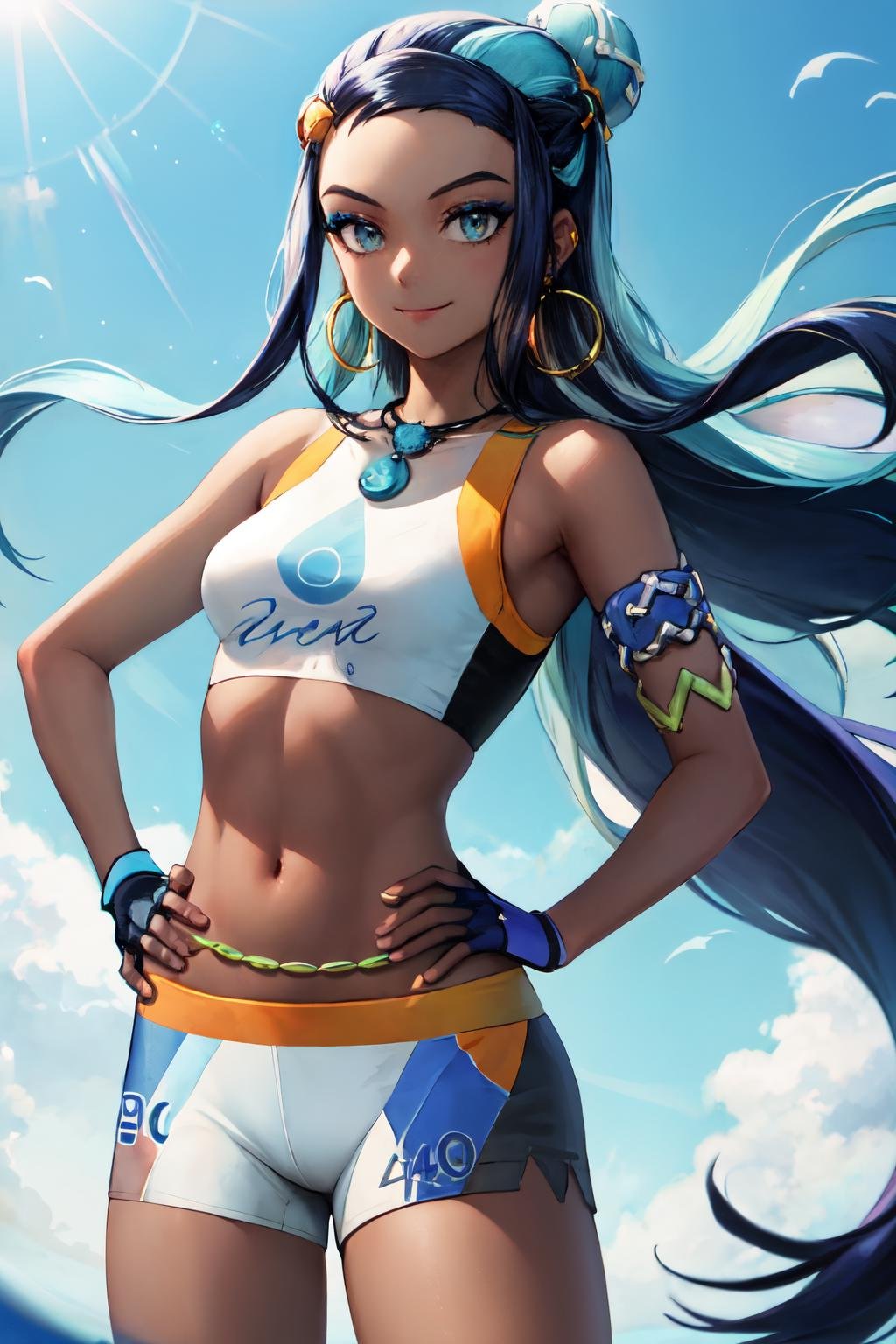 nessa, shorts, necklace, crop top, single glove, jewelry, hand on hip, midriff, looking at viewer, eyeshadow, navel, belly chain, very long hair, armlet, hoop earrings, floating hair, single hair bun,  swimsuit,  makeup, 1girl,  solo, earrings, closed mouth, smile<lora:nessa_pokemon:1> 