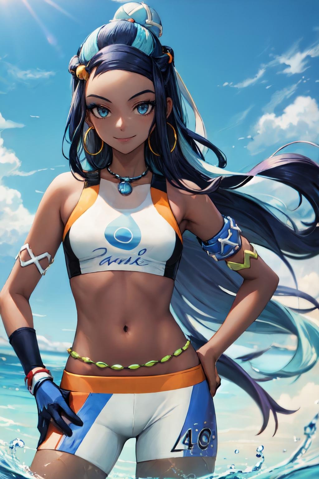 nessa, shorts, bikini, necklace, crop top, single glove, jewelry, hand on hip, gloves, midriff, looking at viewer, eyeshadow, navel, belly chain, very long hair, armlet, hoop earrings, floating hair, single hair bun, poke ball, swimsuit, poke ball (basic), makeup, 1girl, partially fingerless gloves, solo, earrings, closed mouth, smile<lora:nessa_pokemon:1> 