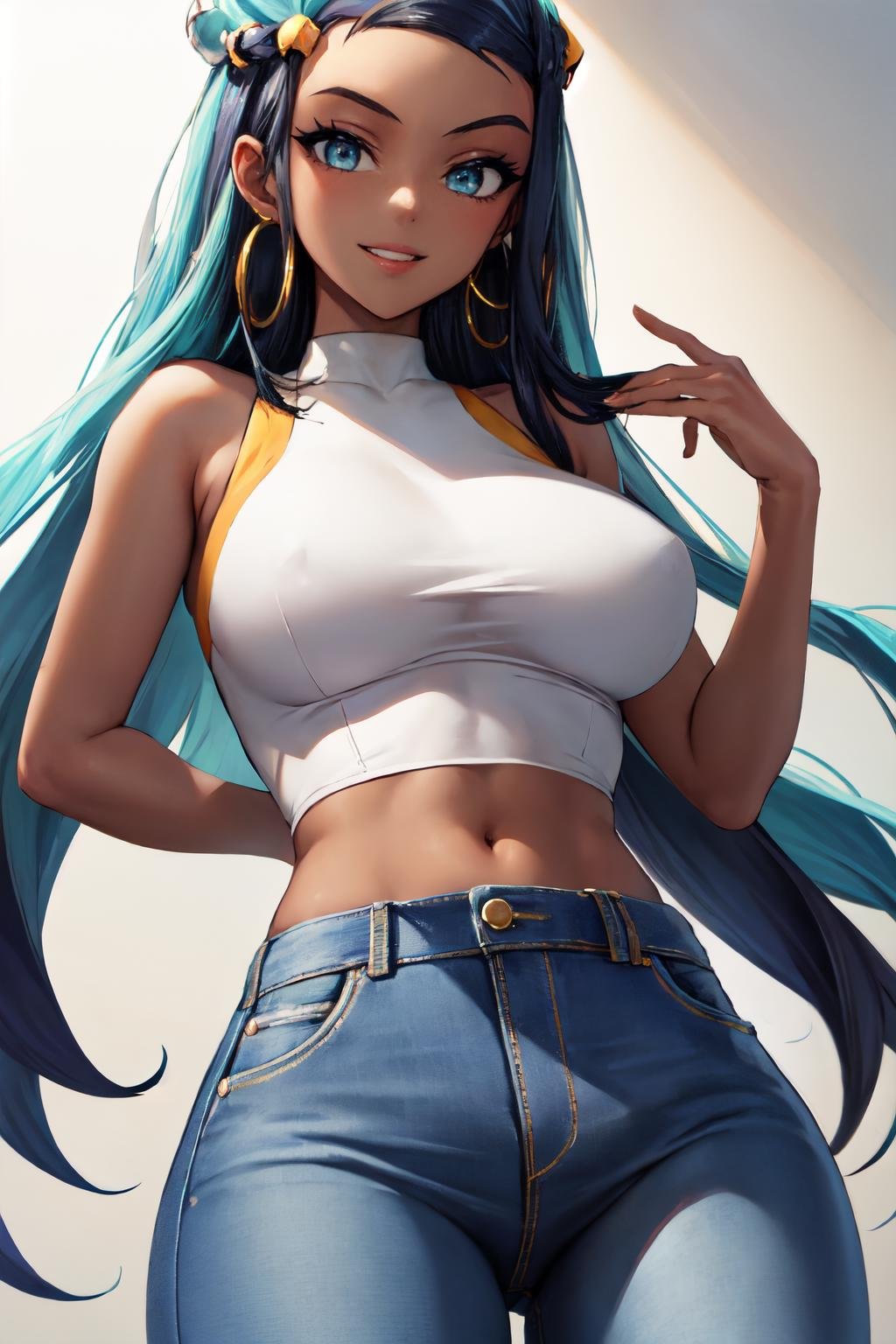 nessa, 1girl,solo, very long hair, smile,parted lips,large breasts, hoop earrings, Wrap crop top, high-waisted jeans, mules<lora:nessa_pokemon:1> 