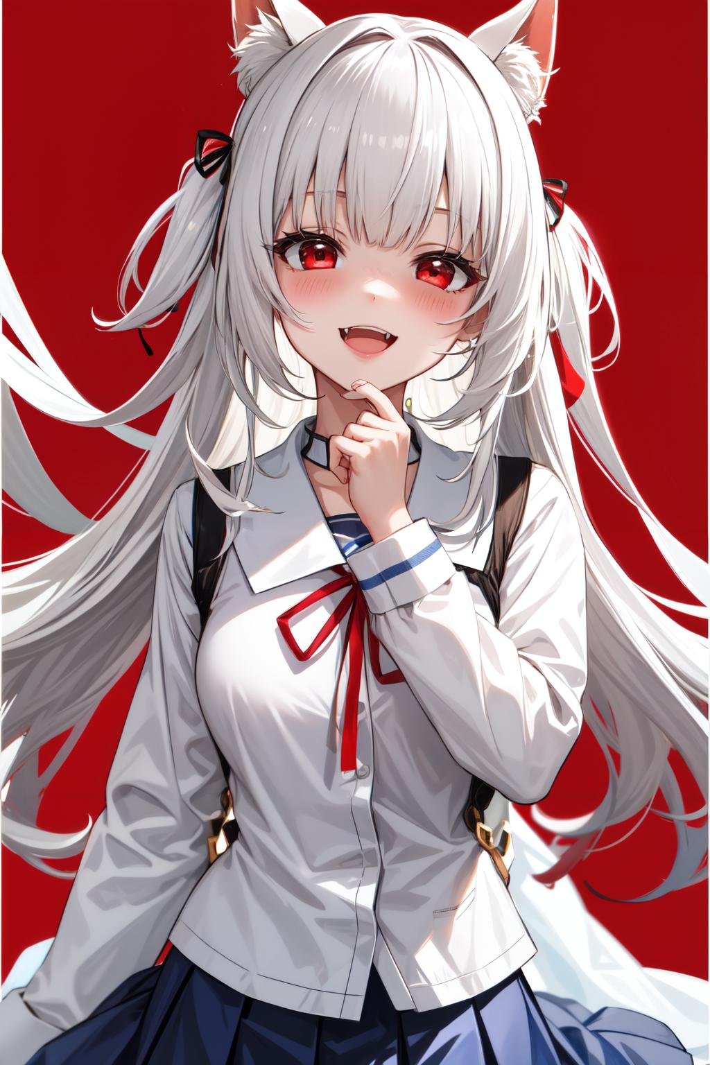 okawaiikoto pose, 1girl, solo, red eyes, virtual youtuber, long hair, multicolored hair, looking at viewer, school uniform, red background, open mouth, heart, smile, red ribbon, ribbon, blush, fang, bangs, white hair<lora:okawaiikoto_pose:1>