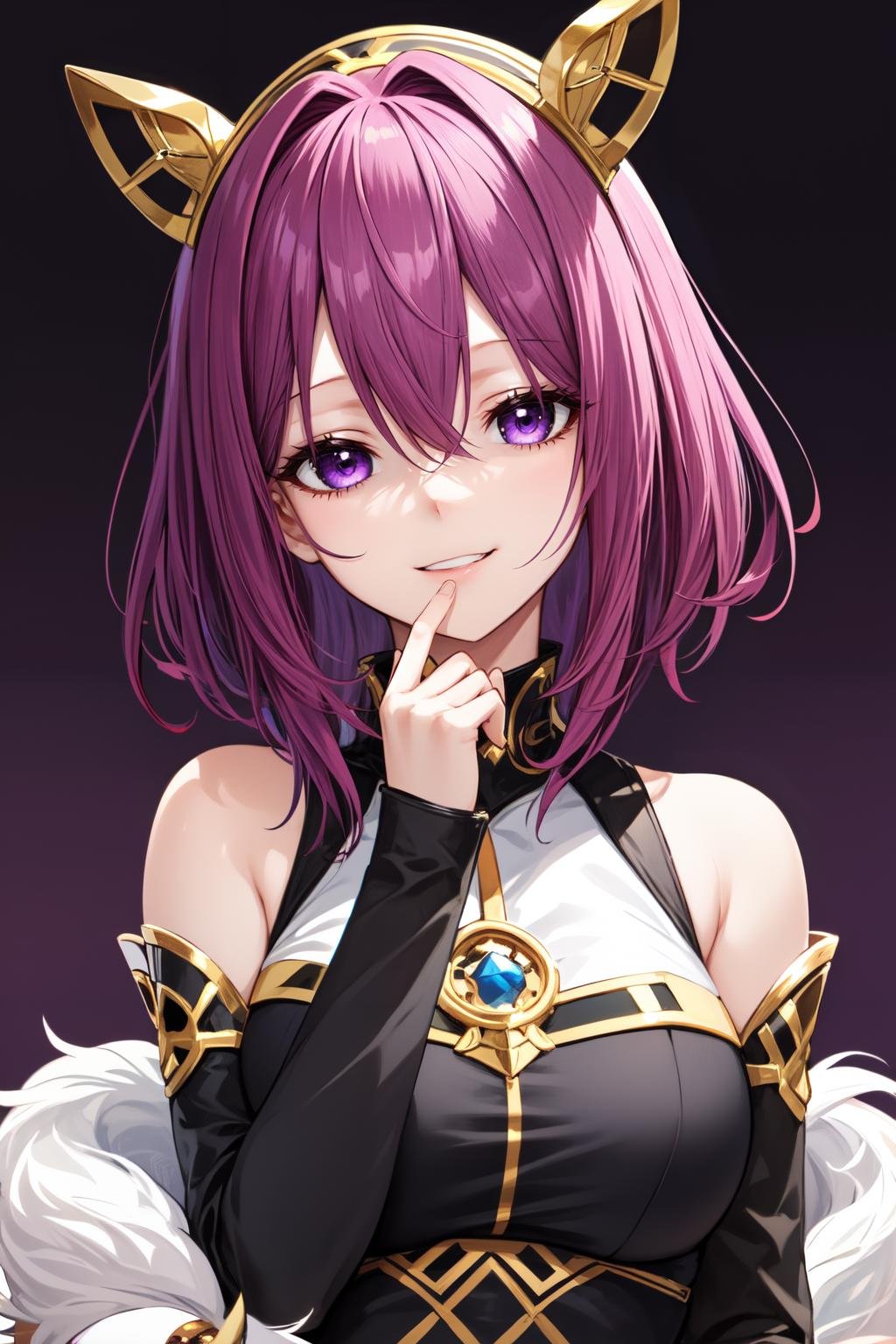 okawaiikoto pose, 1girl, solo, parted lips, purple hair, bangs, purple eyes, bare shoulders, hand up, hair between eyes, simple background, long sleeves, looking at viewer, smile, upper body<lora:okawaiikoto_pose:1>