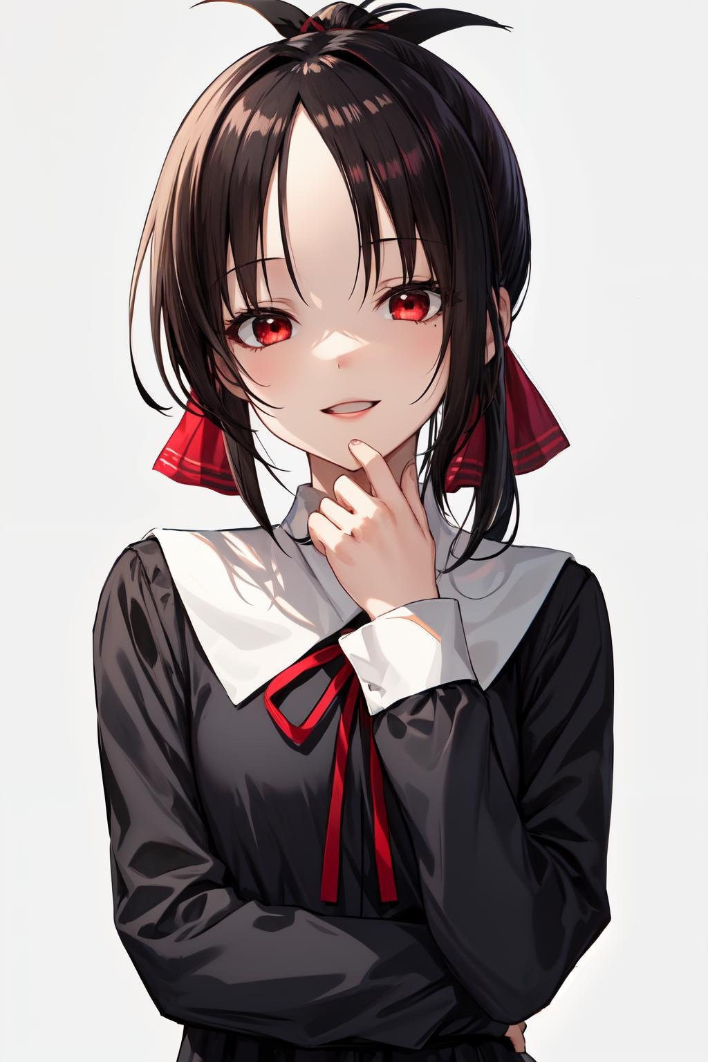 okawaiikoto pose, 1girl, solo, red eyes, school uniform, ribbon, red ribbon, folded ponytail, looking at viewer, hair ribbon, bangs, black hair, parted bangs, smile, black dress, long sleeves, dress, upper body, sidelocks, hand up, parted lips, open mouth, neck ribbon<lora:okawaiikoto_pose:1>