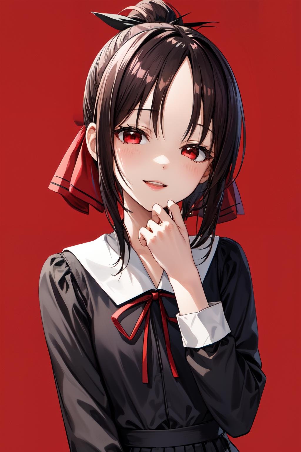 okawaiikoto pose, 1girl, solo, red eyes, school uniform, ribbon, red ribbon, folded ponytail, looking at viewer, hair ribbon, bangs, black hair, parted bangs, smile, black dress, long sleeves, dress, upper body, sidelocks, hand up, parted lips, open mouth, neck ribbon, empty eyes, looking down, red background<lora:okawaiikoto_pose:1>