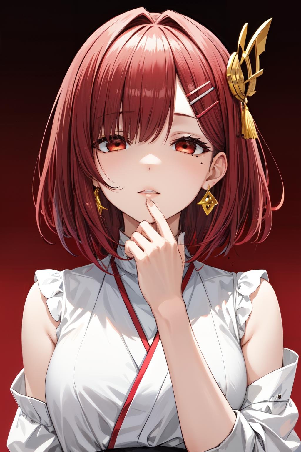 okawaiikoto pose, 1girl, solo, mole under eye, mole, earrings, jewelry, empty eyes, looking at viewer, hair ornament, parted lips, red background, short hair, gradient, gradient background, hairclip, bangs<lora:okawaiikoto_pose:1>