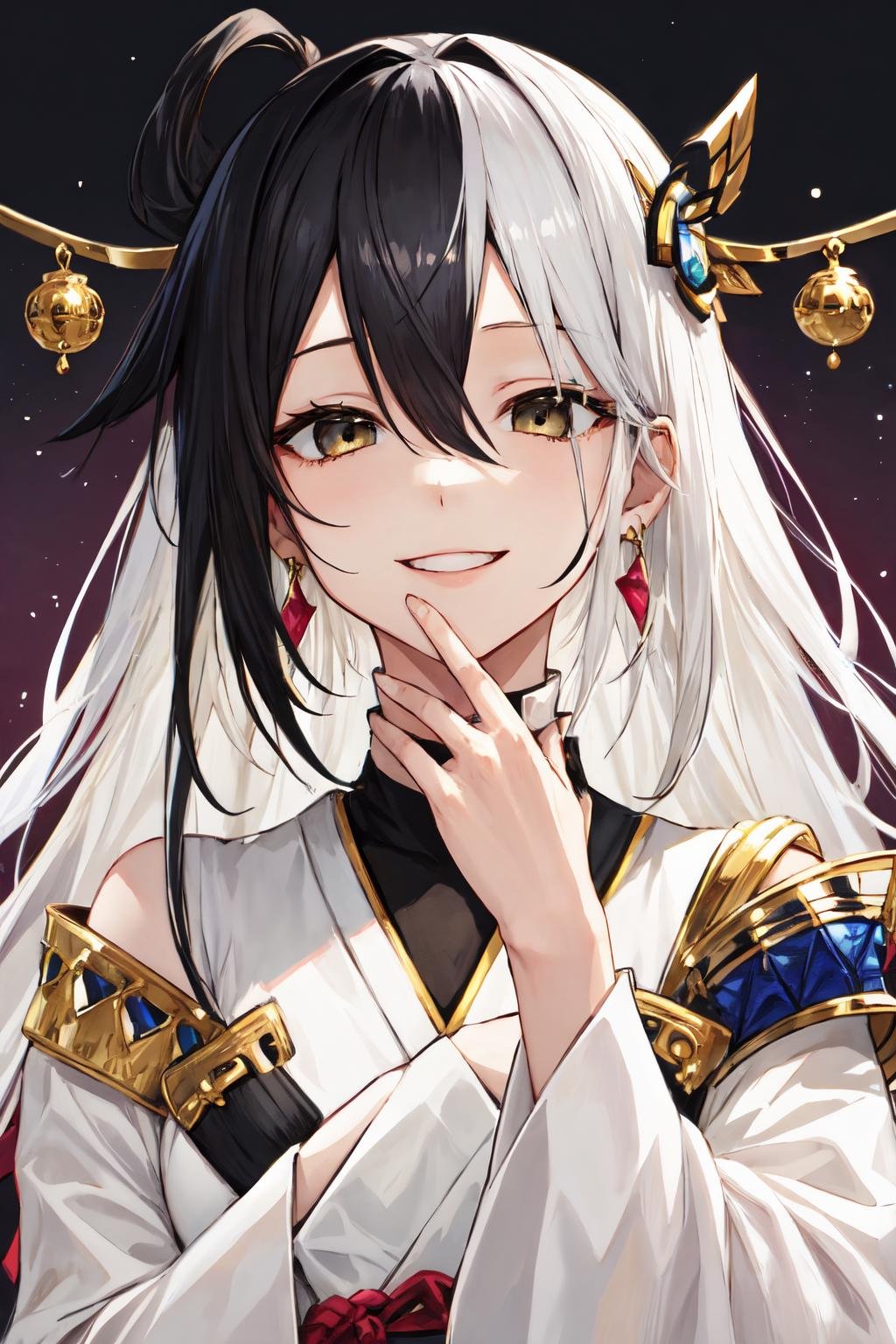 okawaiikoto pose, multicolored hair, solo, white hair, black hair, hair between eyes, long hair, jewelry, earrings, hair ornament, smile, looking at viewer <lora:okawaiikoto_pose:1>