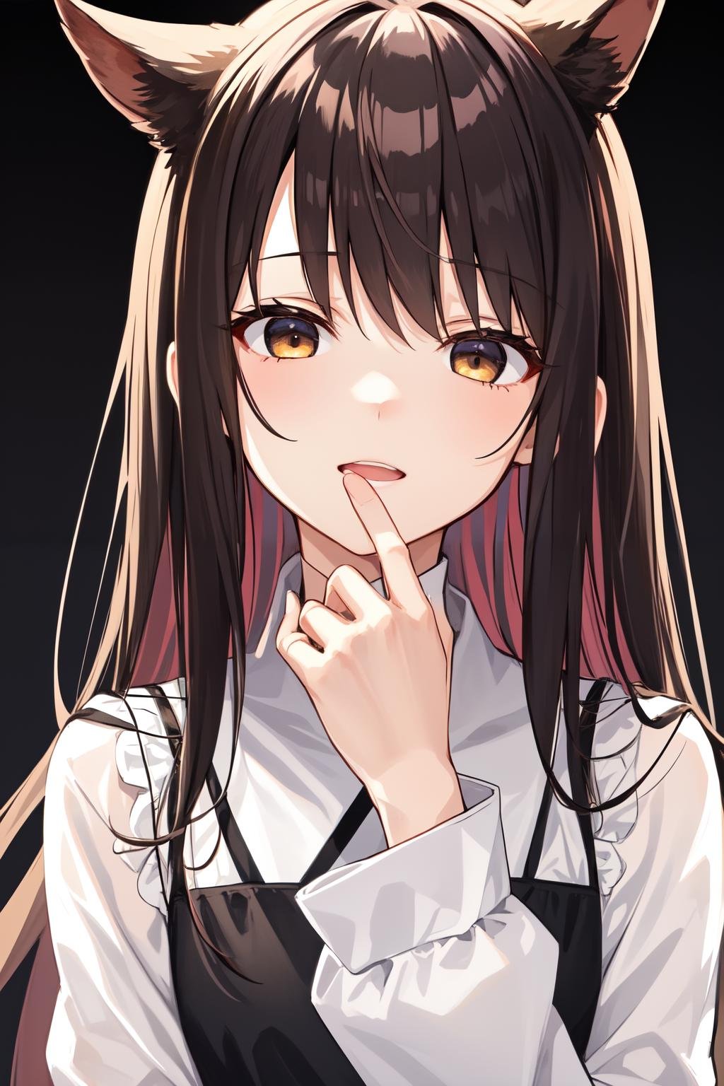 okawaiikoto pose, 1girl, solo, empty eyes, black background, head tilt, open mouth, hand up,upper body <lora:okawaiikoto_pose:1>