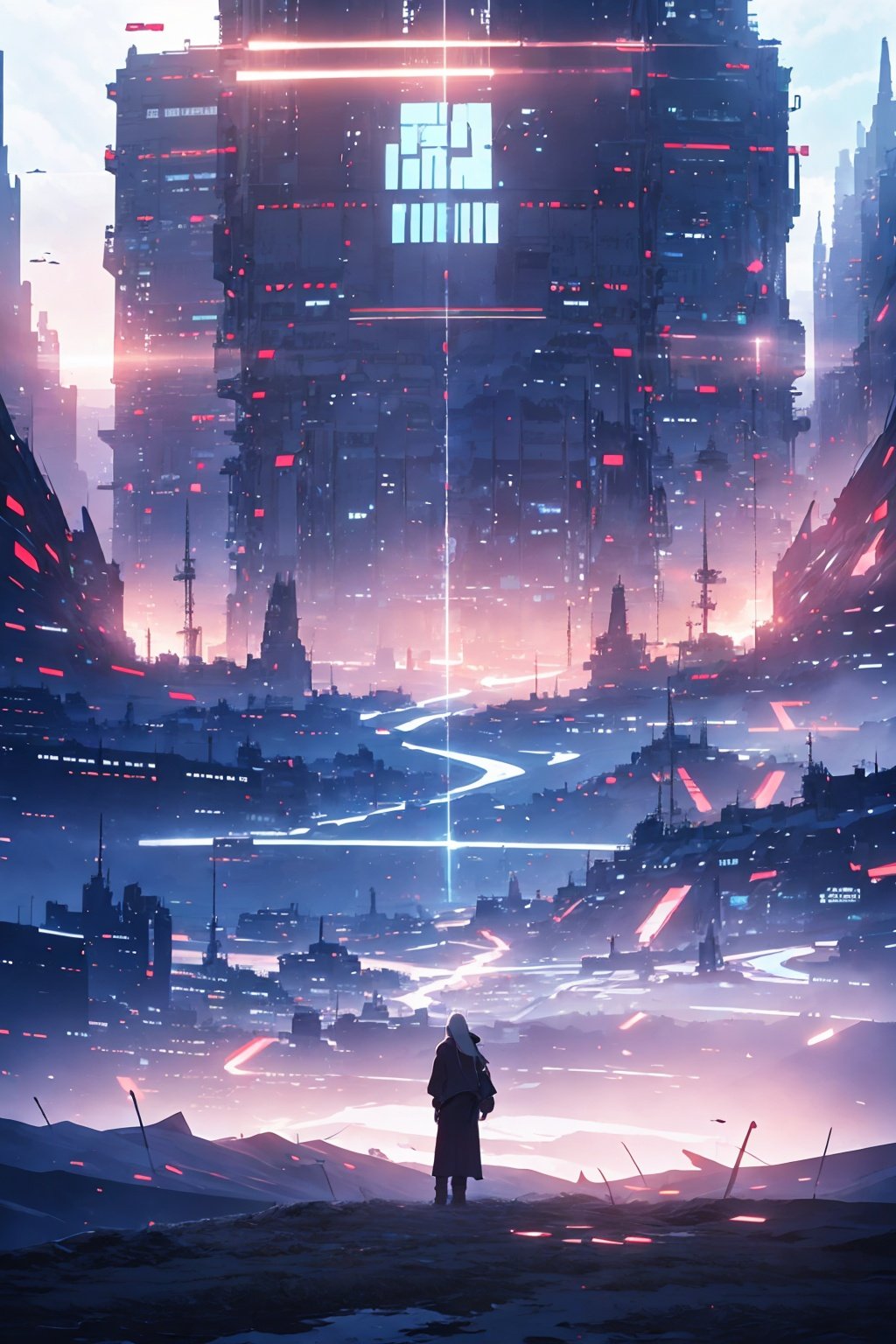  masterpiece,best quality,8k,insane details,intricate details,hyperdetailed,hyper quality,high detail,ultra detailed,
mechanical prosthesis,mecha coverage,emerging dark purple across with white hair,fluorescent purple,cool movement,rose red eyes,beatiful detailed cyberpunk city,hd semirealistic anime cg concept art digital painting,vortex,machinery,Dragon ear,laser,Cyberworld,Future city,midjourney,Future city,cg3d