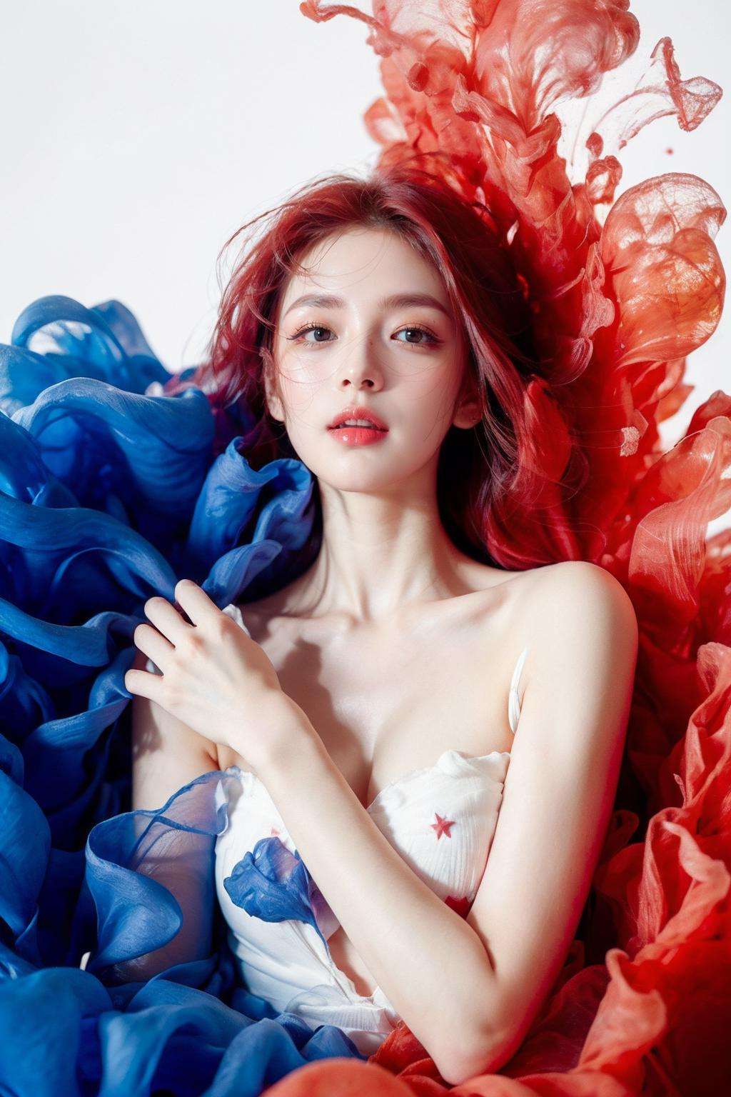 (1girl:1.1),stars in the eyes,(pure girl:1.1),(full body:0.6),There are many scattered luminous petals,red and blue tones,contour deepening,white_background,cinematic angle,<lora:smoke_20231011231151-000009:0.6>,