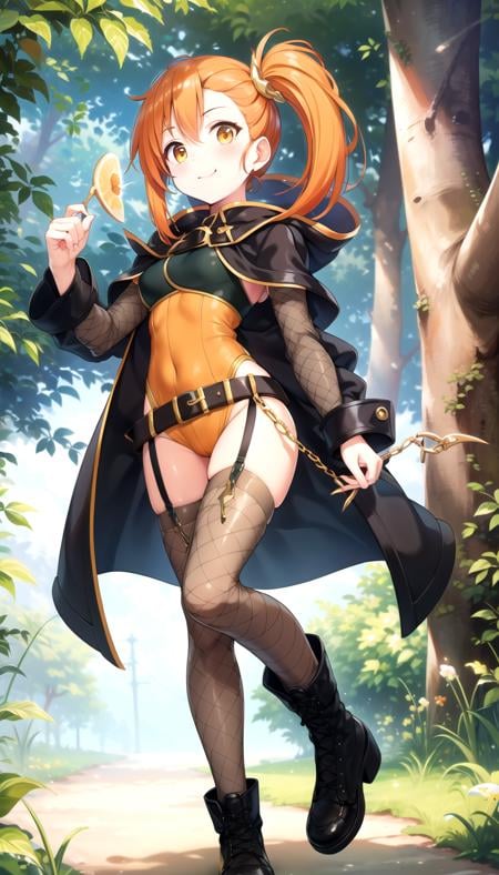 Forest, Fishnet stockings, Full body, Side ponytail, black coat, masterpiece, best quality, Orange outfit, orange hair, <lora:misogi:0.7>