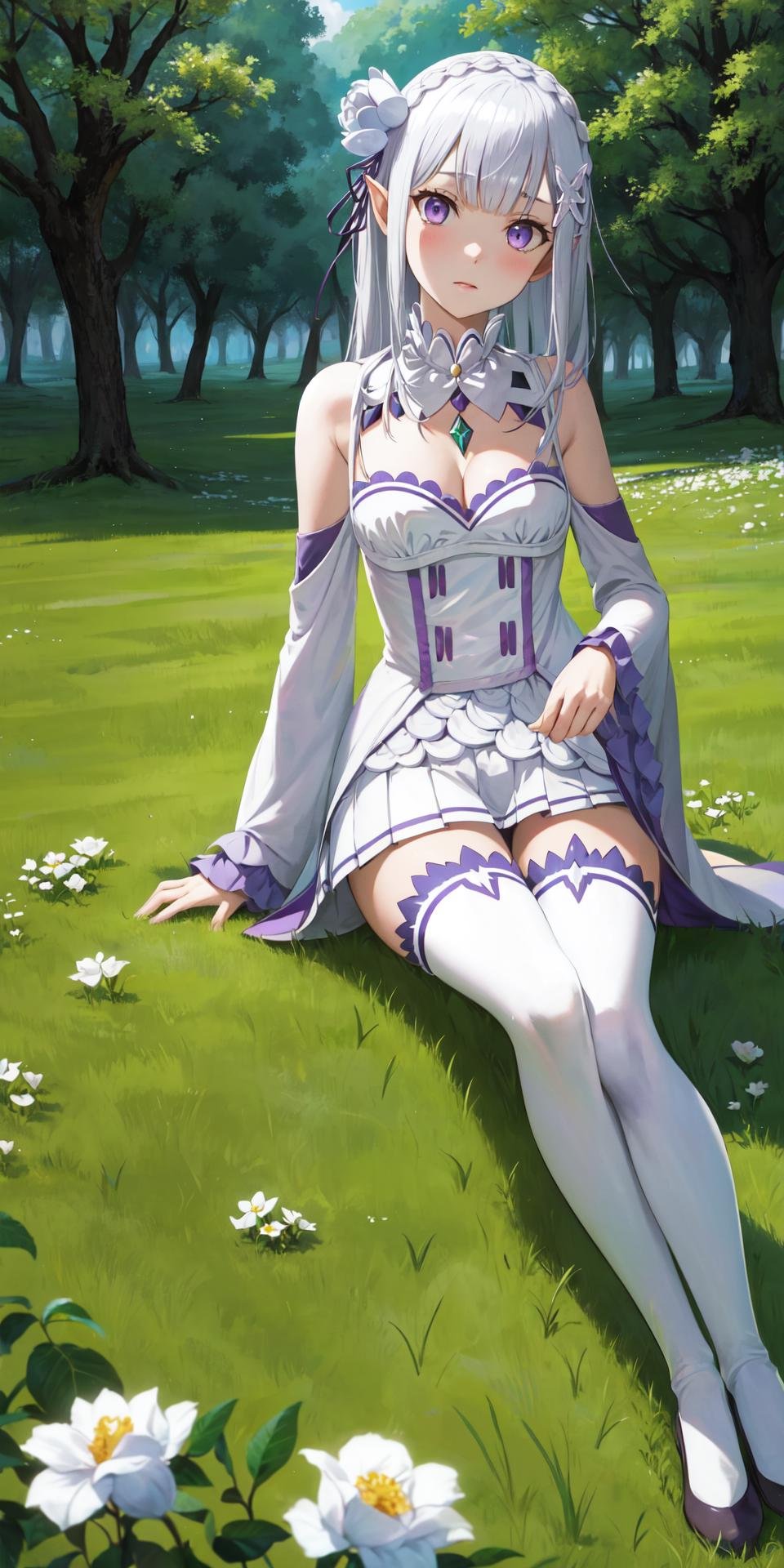 masterpiece, best quality, outdoors, field, grass, forest,emilia \(re:zero\), 1girl, solo, looking at viewer, sitting, grey hair, crown braid, white flower, ribbon, pointy ears, purple eyes, braid, rose, flower, hair flower, x hair ornament, bangs, blunt bangs, long hair, white hair, leaning back, head tilt,bangs, skirt, thighhighs, long sleeves, dress, ribbon, cleavage, bare shoulders, pleated skirt, frills, detached sleeves, miniskirt, wide sleeves, white dress, white thighhighs, zettai ryouiki, clothing cutout, white skirt, frilled sleeves, elf, gem, purple ribbon, crown braid, white rose,<lora:LoRA_Emilia:1>