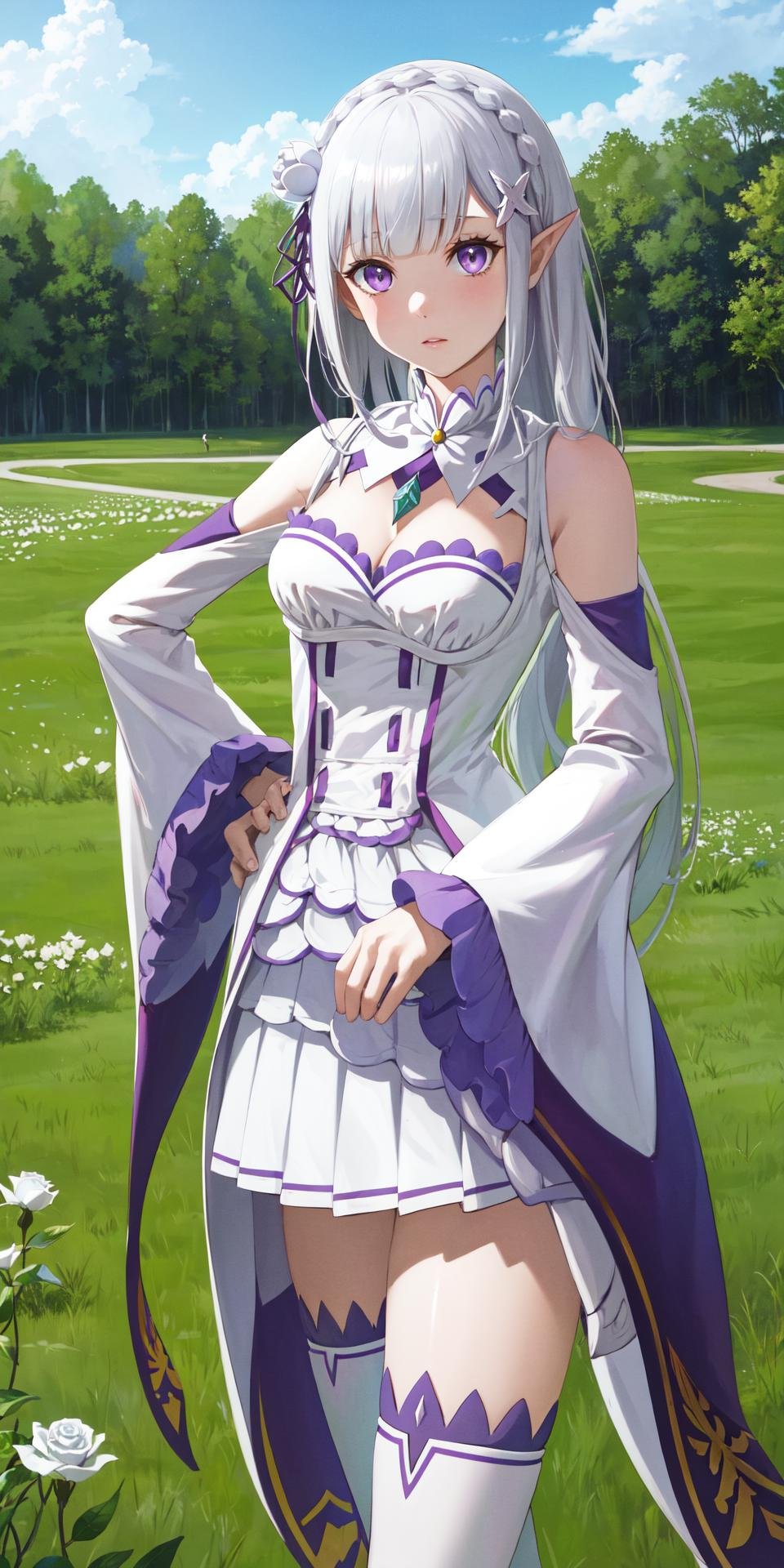 masterpiece, best quality, outdoors, field, grass, forest,emilia \(re:zero\), 1girl, solo, looking at viewer, cowboy shot, grey hair, crown braid, white flower, ribbon, pointy ears, purple eyes, braid, rose, flower, hair flower, x hair ornament, bangs, blunt bangs, long hair, white hair, hands on hips, bangs, skirt, thighhighs, long sleeves, dress, ribbon, cleavage, bare shoulders, pleated skirt, frills, detached sleeves, miniskirt, wide sleeves, white dress, white thighhighs, zettai ryouiki, clothing cutout, white skirt, frilled sleeves, elf, gem, purple ribbon, crown braid, white rose,<lora:LoRA_Emilia:1>