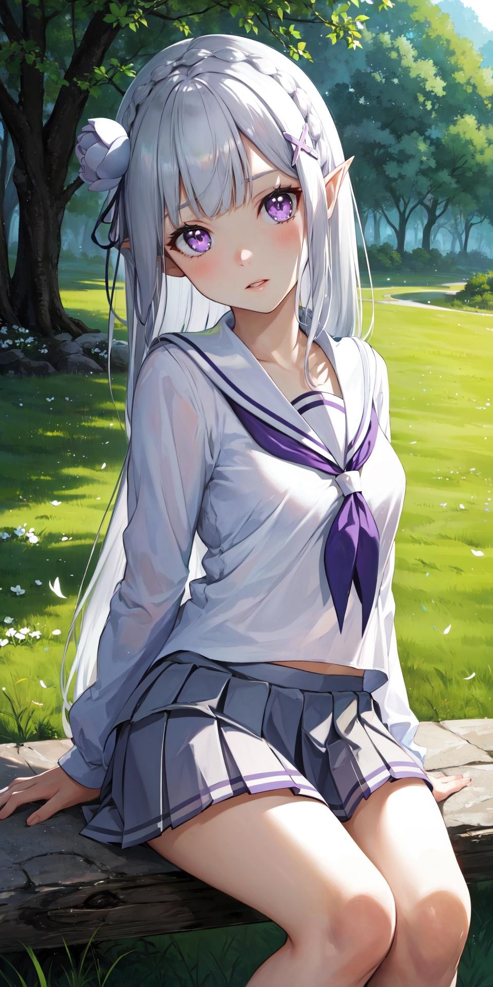 masterpiece, best quality, outdoors, field, grass, forest,1girl, solo, looking at viewer, sitting, grey hair, crown braid, white flower, ribbon, pointy ears, purple eyes, braid, rose, flower, hair flower, x hair ornament, bangs, blunt bangs, long hair, white hair, leaning back, head tilt, school uniform, seifuku, serafuku, pleated skirt, <lora:LoRA_Emilia:1>