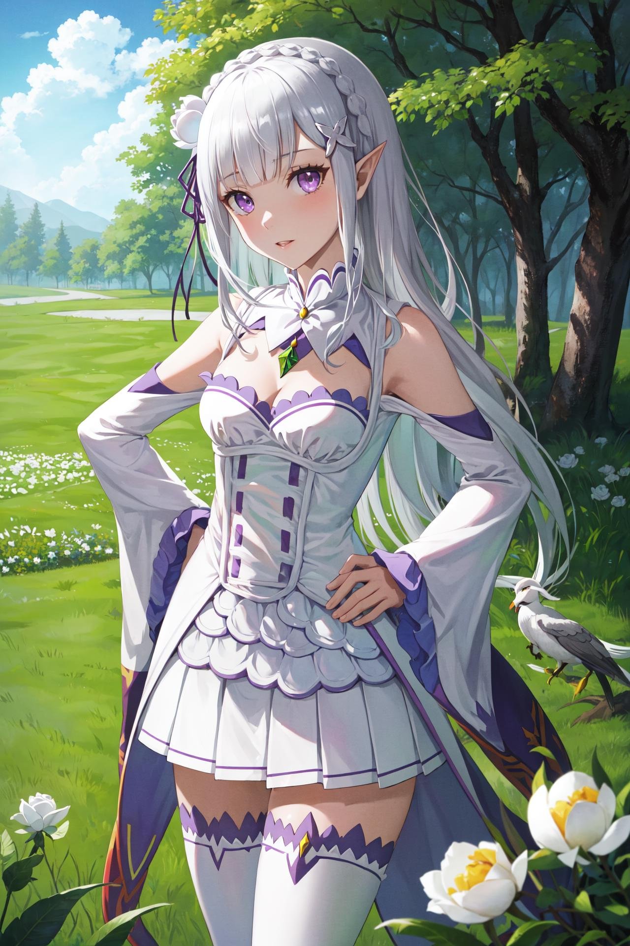 masterpiece, best quality, outdoors, field, grass, forest,emilia \(re:zero\), 1girl, solo, looking at viewer, cowboy shot, grey hair, crown braid, white flower, ribbon, pointy ears, purple eyes, braid, rose, flower, hair flower, x hair ornament, bangs, blunt bangs, long hair, white hair, hands on hips, bangs, skirt, thighhighs, long sleeves, dress, ribbon, cleavage, bare shoulders, pleated skirt, frills, detached sleeves, miniskirt, wide sleeves, white dress, white thighhighs, zettai ryouiki, clothing cutout, white skirt, frilled sleeves, elf, gem, purple ribbon, crown braid, white rose,<lora:LoRA_Emilia:1>