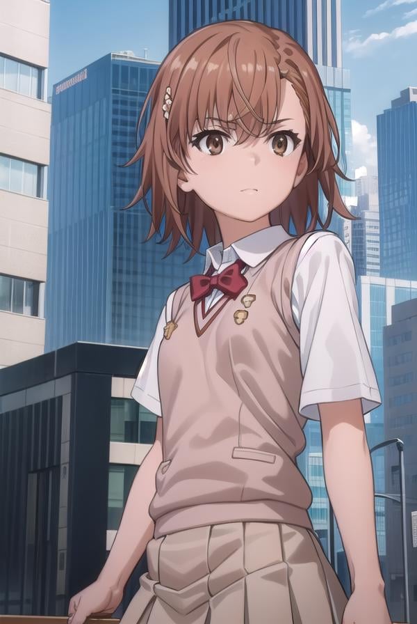 mikotomisaka, <lora:mikoto misaka s3-lora-nochekaiser:1>,mikoto misaka, (misaka mikoto:1.5), short hair, brown hair, hair ornament, hair flower, (brown eyes:1.5),BREAK skirt, shirt, school uniform, white shirt, short sleeves, pleated skirt, grey skirt, sweater vest, tokiwadai school uniform, v-neck,BREAK outdoors, city, sky, cloud, sun,BREAK looking at viewer, (cowboy shot:1.5),BREAK <lyco:GoodHands-beta2:1>, (masterpiece:1.2), best quality, high resolution, unity 8k wallpaper, (illustration:0.8), (beautiful detailed eyes:1.6), extremely detailed face, perfect lighting, extremely detailed CG, (perfect hands, perfect anatomy),