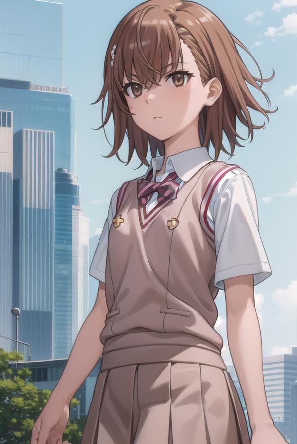 mikotomisaka, <lora:mikoto misaka s3-lora-nochekaiser:1>,mikoto misaka, (misaka mikoto:1.5), short hair, brown hair, hair ornament, hair flower, (brown eyes:1.5),BREAK skirt, shirt, school uniform, white shirt, short sleeves, pleated skirt, grey skirt, sweater vest, tokiwadai school uniform, v-neck,BREAK outdoors, city, sky, cloud, sun,BREAK looking at viewer, (cowboy shot:1.5),BREAK <lyco:GoodHands-beta2:1>, (masterpiece:1.2), best quality, high resolution, unity 8k wallpaper, (illustration:0.8), (beautiful detailed eyes:1.6), extremely detailed face, perfect lighting, extremely detailed CG, (perfect hands, perfect anatomy),