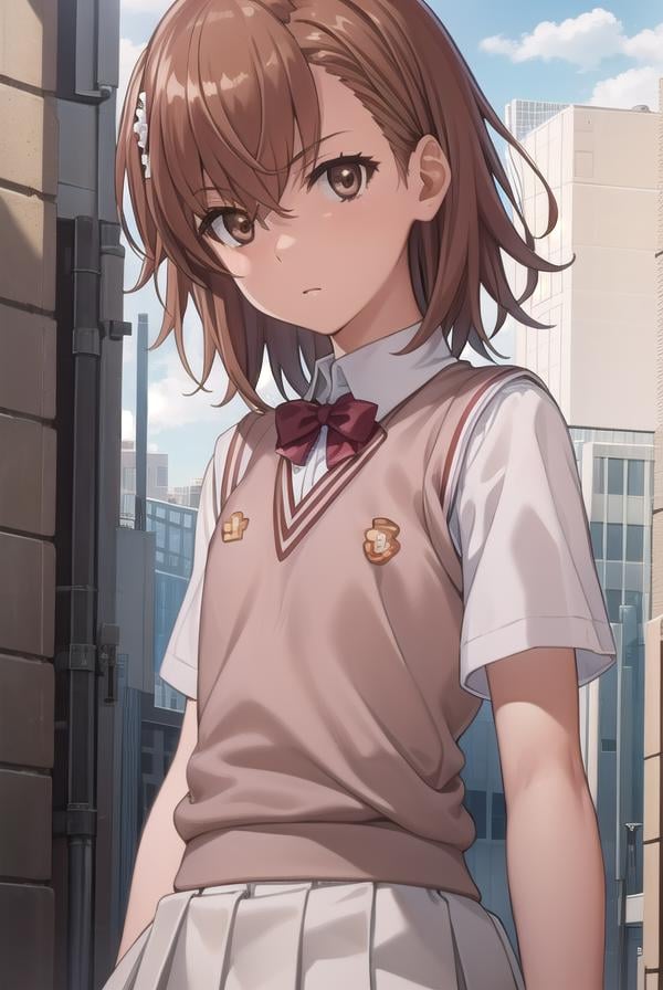 mikotomisaka, <lora:mikoto misaka s3-lora-nochekaiser:1>,mikoto misaka, (misaka mikoto:1.5), short hair, brown hair, hair ornament, hair flower, (brown eyes:1.5),BREAK skirt, shirt, school uniform, white shirt, short sleeves, pleated skirt, grey skirt, sweater vest, tokiwadai school uniform, v-neck,BREAK outdoors, city, sky, cloud, sun,BREAK looking at viewer, (cowboy shot:1.5),BREAK <lyco:GoodHands-beta2:1>, (masterpiece:1.2), best quality, high resolution, unity 8k wallpaper, (illustration:0.8), (beautiful detailed eyes:1.6), extremely detailed face, perfect lighting, extremely detailed CG, (perfect hands, perfect anatomy),