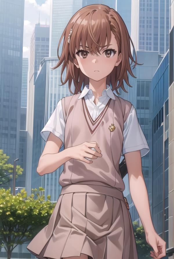 mikotomisaka, <lora:mikoto misaka s3-lora-nochekaiser:1>,mikoto misaka, (misaka mikoto:1.5), short hair, brown hair, hair ornament, hair flower, (brown eyes:1.5),BREAK skirt, shirt, school uniform, white shirt, short sleeves, pleated skirt, grey skirt, sweater vest, tokiwadai school uniform, v-neck,BREAK outdoors, city, sky, cloud, sun,BREAK looking at viewer, (cowboy shot:1.5),BREAK <lyco:GoodHands-beta2:1>, (masterpiece:1.2), best quality, high resolution, unity 8k wallpaper, (illustration:0.8), (beautiful detailed eyes:1.6), extremely detailed face, perfect lighting, extremely detailed CG, (perfect hands, perfect anatomy),