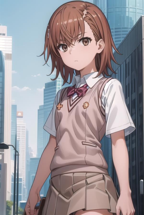 mikotomisaka, <lora:mikoto misaka s3-lora-nochekaiser:1>,mikoto misaka, (misaka mikoto:1.5), short hair, brown hair, hair ornament, hair flower, (brown eyes:1.5),BREAK skirt, shirt, school uniform, white shirt, short sleeves, pleated skirt, grey skirt, sweater vest, tokiwadai school uniform, v-neck,BREAK outdoors, city, sky, cloud, sun,BREAK looking at viewer, (cowboy shot:1.5),BREAK <lyco:GoodHands-beta2:1>, (masterpiece:1.2), best quality, high resolution, unity 8k wallpaper, (illustration:0.8), (beautiful detailed eyes:1.6), extremely detailed face, perfect lighting, extremely detailed CG, (perfect hands, perfect anatomy),