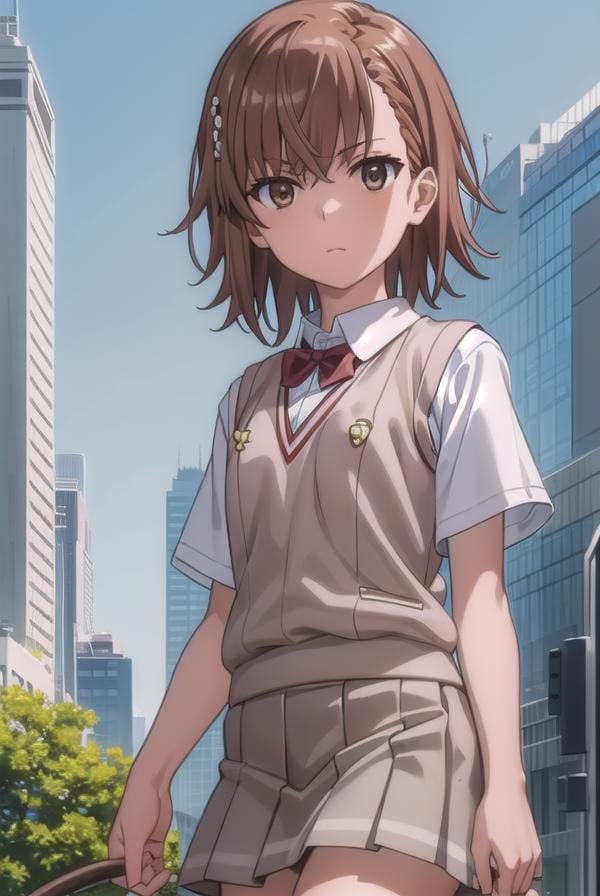 mikotomisaka, <lora:mikoto misaka s3-lora-nochekaiser:1>,mikoto misaka, (misaka mikoto:1.5), short hair, brown hair, hair ornament, hair flower, (brown eyes:1.5),BREAK skirt, shirt, school uniform, white shirt, short sleeves, pleated skirt, grey skirt, sweater vest, tokiwadai school uniform, v-neck,BREAK outdoors, city, sky, cloud, sun,BREAK looking at viewer, (cowboy shot:1.5),BREAK <lyco:GoodHands-beta2:1>, (masterpiece:1.2), best quality, high resolution, unity 8k wallpaper, (illustration:0.8), (beautiful detailed eyes:1.6), extremely detailed face, perfect lighting, extremely detailed CG, (perfect hands, perfect anatomy),