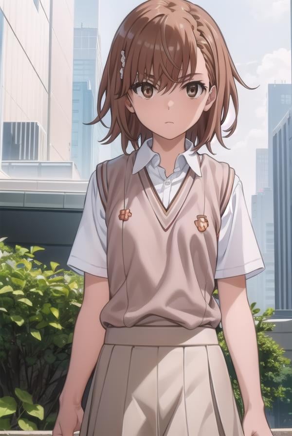 mikotomisaka, <lora:mikoto misaka s3-lora-nochekaiser:1>,mikoto misaka, (misaka mikoto:1.5), short hair, brown hair, hair ornament, hair flower, (brown eyes:1.5),BREAK skirt, shirt, school uniform, white shirt, short sleeves, pleated skirt, grey skirt, sweater vest, tokiwadai school uniform, v-neck,BREAK outdoors, city, sky, cloud, sun,BREAK looking at viewer, (cowboy shot:1.5),BREAK <lyco:GoodHands-beta2:1>, (masterpiece:1.2), best quality, high resolution, unity 8k wallpaper, (illustration:0.8), (beautiful detailed eyes:1.6), extremely detailed face, perfect lighting, extremely detailed CG, (perfect hands, perfect anatomy),