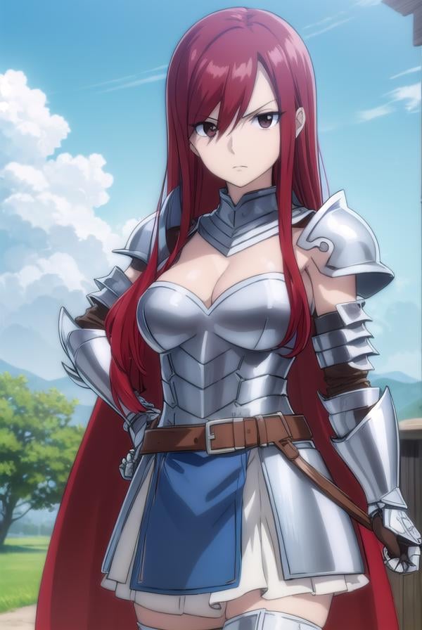 erzascarlet, <lora:erzascarlet-lora-nochekaiser:1>,erza scarlet, long hair, (red hair:1.5), hair between eyes, (brown eyes:1.5),skirt, thighhighs, cleavage, boots, belt, sword, cape, armor, gauntlets, armored boots, greaves, knight,BREAK outdoors, castle, sky, cloud, sun, forest,BREAK looking at viewer, (cowboy shot:1.5),BREAK <lyco:GoodHands-beta2:1>, (masterpiece:1.2), best quality, high resolution, unity 8k wallpaper, (illustration:0.8), (beautiful detailed eyes:1.6), extremely detailed face, perfect lighting, extremely detailed CG, (perfect hands, perfect anatomy),