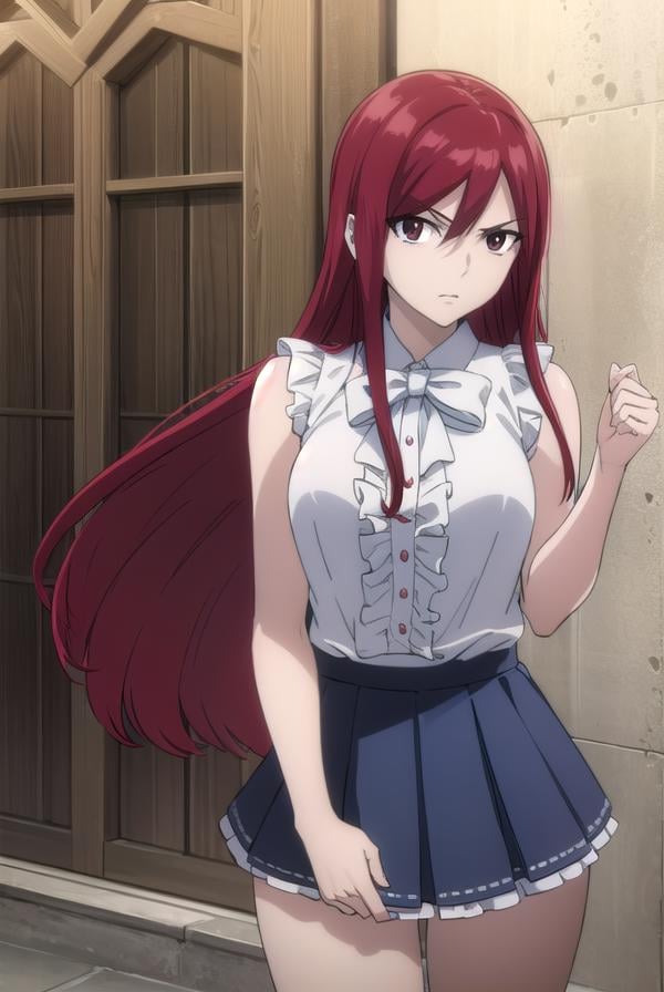 erzascarlet, <lora:erzascarlet-lora-nochekaiser:1>,erza scarlet, long hair, (red hair:1.5), hair between eyes, (brown eyes:1.5),skirt, shirt, bow, boots, sleeveless, sleeveless shirt, tattoo, white shirt, frills,BREAK indoors, guild,BREAK looking at viewer, (cowboy shot:1.5),BREAK <lyco:GoodHands-beta2:1>, (masterpiece:1.2), best quality, high resolution, unity 8k wallpaper, (illustration:0.8), (beautiful detailed eyes:1.6), extremely detailed face, perfect lighting, extremely detailed CG, (perfect hands, perfect anatomy),