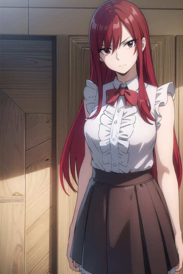 erzascarlet, <lora:erzascarlet-lora-nochekaiser:1>,erza scarlet, long hair, (red hair:1.5), hair between eyes, (brown eyes:1.5),skirt, shirt, bow, boots, sleeveless, sleeveless shirt, tattoo, white shirt, frills,BREAK indoors, guild,BREAK looking at viewer, (cowboy shot:1.5),BREAK <lyco:GoodHands-beta2:1>, (masterpiece:1.2), best quality, high resolution, unity 8k wallpaper, (illustration:0.8), (beautiful detailed eyes:1.6), extremely detailed face, perfect lighting, extremely detailed CG, (perfect hands, perfect anatomy),