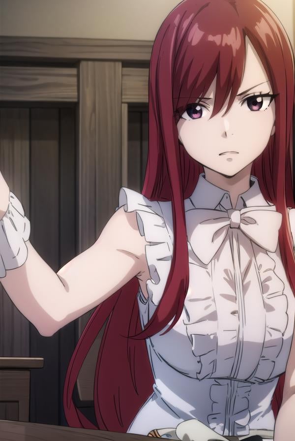 erzascarlet, <lora:erzascarlet-lora-nochekaiser:1>,erza scarlet, long hair, (red hair:1.5), hair between eyes, (brown eyes:1.5),skirt, shirt, bow, boots, sleeveless, sleeveless shirt, tattoo, white shirt, frills,BREAK indoors, guild,BREAK looking at viewer, (cowboy shot:1.5),BREAK <lyco:GoodHands-beta2:1>, (masterpiece:1.2), best quality, high resolution, unity 8k wallpaper, (illustration:0.8), (beautiful detailed eyes:1.6), extremely detailed face, perfect lighting, extremely detailed CG, (perfect hands, perfect anatomy),