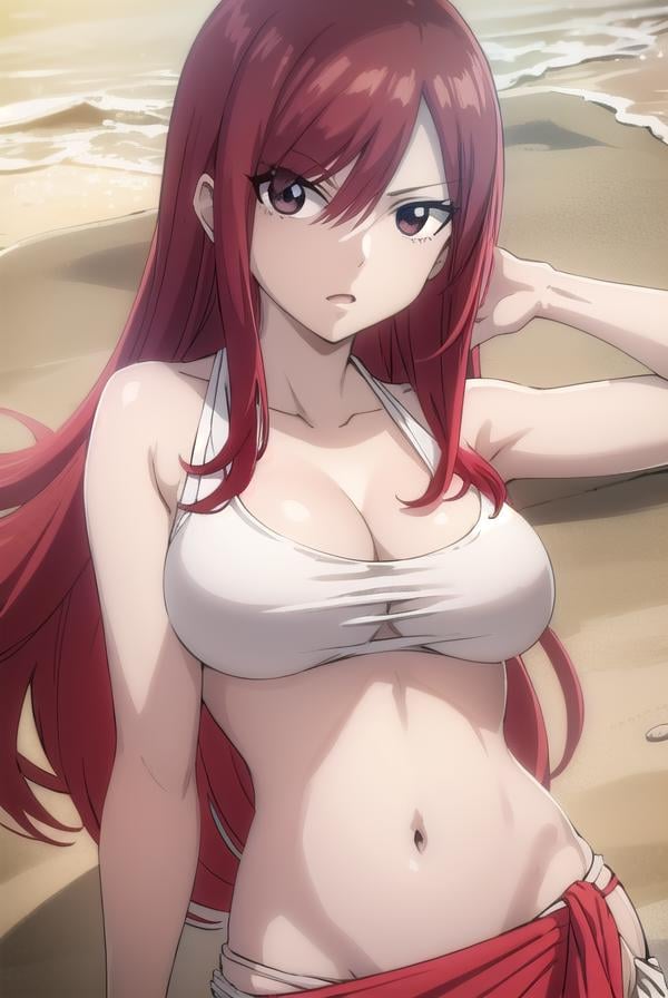 erzascarlet, <lora:erzascarlet-lora-nochekaiser:1>,erza scarlet, long hair, (red hair:1.5), hair between eyes, (brown eyes:1.5),navel, swimsuit, bikini, tattoo, white bikini, (sarong:1.5),BREAK outdoors, beach,BREAK looking at viewer, (cowboy shot:1.5),BREAK <lyco:GoodHands-beta2:1>, (masterpiece:1.2), best quality, high resolution, unity 8k wallpaper, (illustration:0.8), (beautiful detailed eyes:1.6), extremely detailed face, perfect lighting, extremely detailed CG, (perfect hands, perfect anatomy),