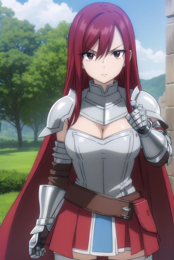 erzascarlet, <lora:erzascarlet-lora-nochekaiser:1>,erza scarlet, long hair, (red hair:1.5), hair between eyes, (brown eyes:1.5),skirt, thighhighs, cleavage, boots, belt, sword, cape, armor, gauntlets, armored boots, greaves, knight,BREAK outdoors, castle, sky, cloud, sun, forest,BREAK looking at viewer, (cowboy shot:1.5),BREAK <lyco:GoodHands-beta2:1>, (masterpiece:1.2), best quality, high resolution, unity 8k wallpaper, (illustration:0.8), (beautiful detailed eyes:1.6), extremely detailed face, perfect lighting, extremely detailed CG, (perfect hands, perfect anatomy),