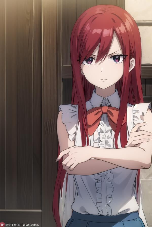 erzascarlet, <lora:erzascarlet-lora-nochekaiser:1>,erza scarlet, long hair, (red hair:1.5), hair between eyes, (brown eyes:1.5),skirt, shirt, bow, boots, sleeveless, sleeveless shirt, tattoo, white shirt, frills,BREAK indoors, guild,BREAK looking at viewer, (cowboy shot:1.5),BREAK <lyco:GoodHands-beta2:1>, (masterpiece:1.2), best quality, high resolution, unity 8k wallpaper, (illustration:0.8), (beautiful detailed eyes:1.6), extremely detailed face, perfect lighting, extremely detailed CG, (perfect hands, perfect anatomy),