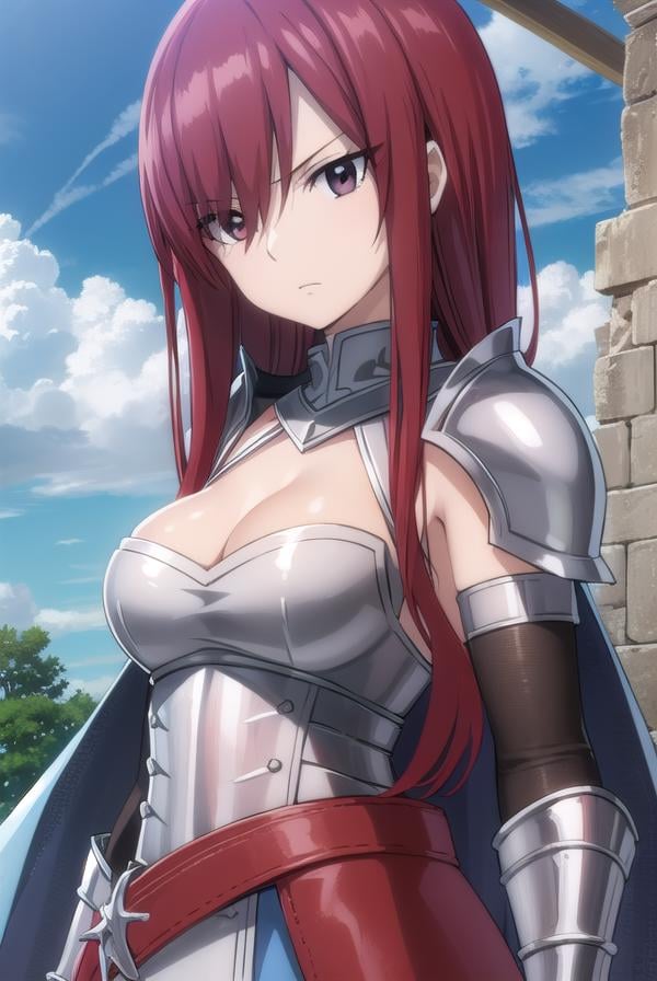 erzascarlet, <lora:erzascarlet-lora-nochekaiser:1>,erza scarlet, long hair, (red hair:1.5), hair between eyes, (brown eyes:1.5),skirt, thighhighs, cleavage, boots, belt, sword, cape, armor, gauntlets, armored boots, greaves, knight,BREAK outdoors, castle, sky, cloud, sun, forest,BREAK looking at viewer, (cowboy shot:1.5),BREAK <lyco:GoodHands-beta2:1>, (masterpiece:1.2), best quality, high resolution, unity 8k wallpaper, (illustration:0.8), (beautiful detailed eyes:1.6), extremely detailed face, perfect lighting, extremely detailed CG, (perfect hands, perfect anatomy),