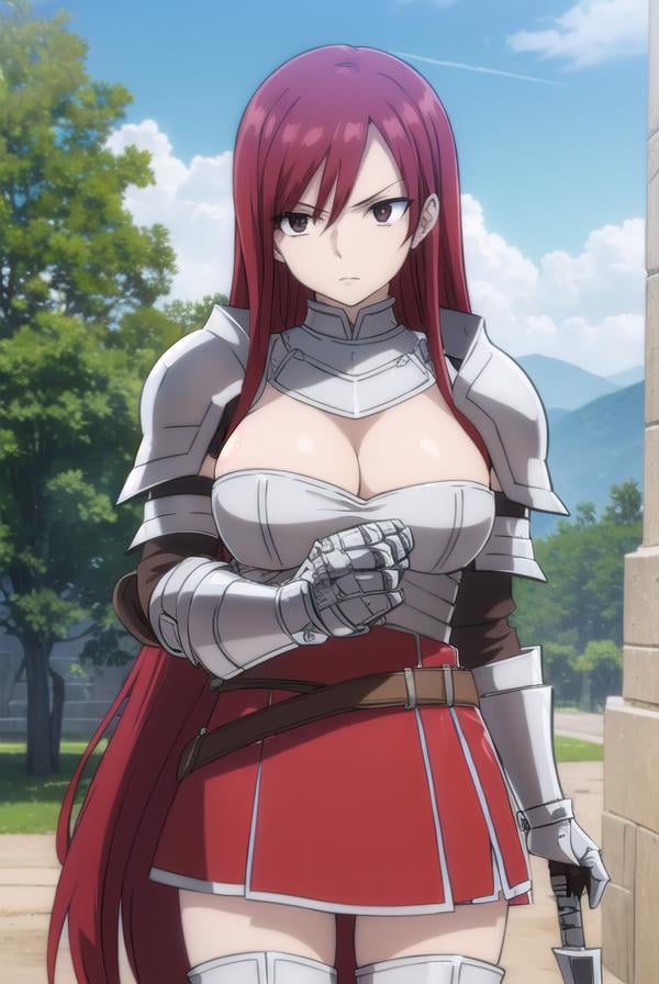 erzascarlet, <lora:erzascarlet-lora-nochekaiser:1>,erza scarlet, long hair, (red hair:1.5), hair between eyes, (brown eyes:1.5),skirt, thighhighs, cleavage, boots, belt, sword, cape, armor, gauntlets, armored boots, greaves, knight,BREAK outdoors, castle, sky, cloud, sun, forest,BREAK looking at viewer, (cowboy shot:1.5),BREAK <lyco:GoodHands-beta2:1>, (masterpiece:1.2), best quality, high resolution, unity 8k wallpaper, (illustration:0.8), (beautiful detailed eyes:1.6), extremely detailed face, perfect lighting, extremely detailed CG, (perfect hands, perfect anatomy),