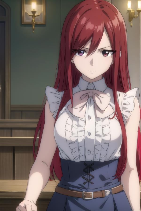 erzascarlet, <lora:erzascarlet-lora-nochekaiser:1>,erza scarlet, long hair, (red hair:1.5), hair between eyes, (brown eyes:1.5),skirt, shirt, bow, boots, sleeveless, sleeveless shirt, tattoo, white shirt, frills,BREAK indoors, guild,BREAK looking at viewer, (cowboy shot:1.5),BREAK <lyco:GoodHands-beta2:1>, (masterpiece:1.2), best quality, high resolution, unity 8k wallpaper, (illustration:0.8), (beautiful detailed eyes:1.6), extremely detailed face, perfect lighting, extremely detailed CG, (perfect hands, perfect anatomy),