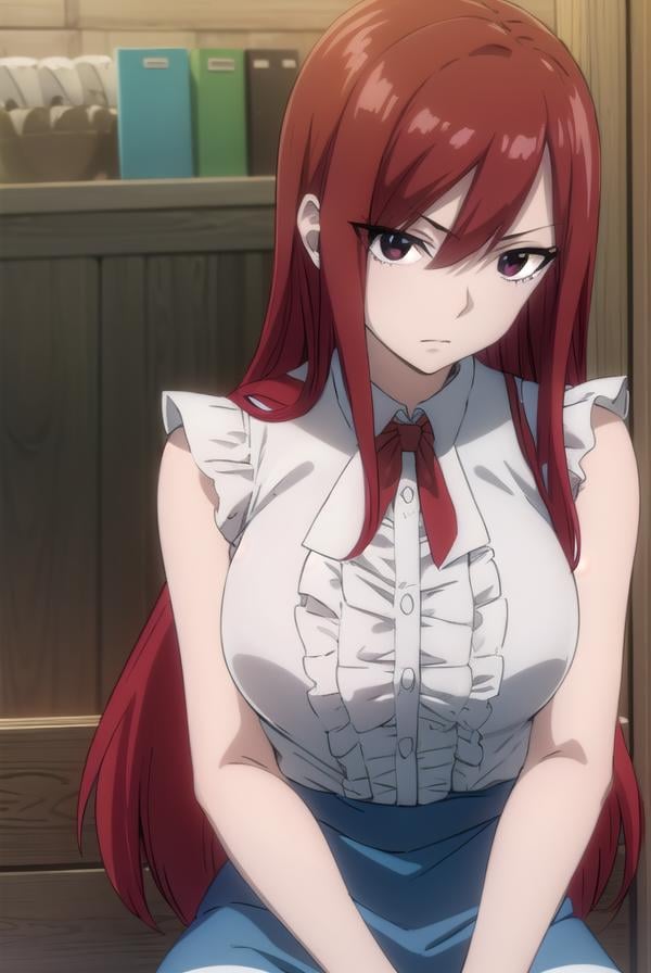 erzascarlet, <lora:erzascarlet-lora-nochekaiser:1>,erza scarlet, long hair, (red hair:1.5), hair between eyes, (brown eyes:1.5),skirt, shirt, bow, boots, sleeveless, sleeveless shirt, tattoo, white shirt, frills,BREAK indoors, guild,BREAK looking at viewer, (cowboy shot:1.5),BREAK <lyco:GoodHands-beta2:1>, (masterpiece:1.2), best quality, high resolution, unity 8k wallpaper, (illustration:0.8), (beautiful detailed eyes:1.6), extremely detailed face, perfect lighting, extremely detailed CG, (perfect hands, perfect anatomy),