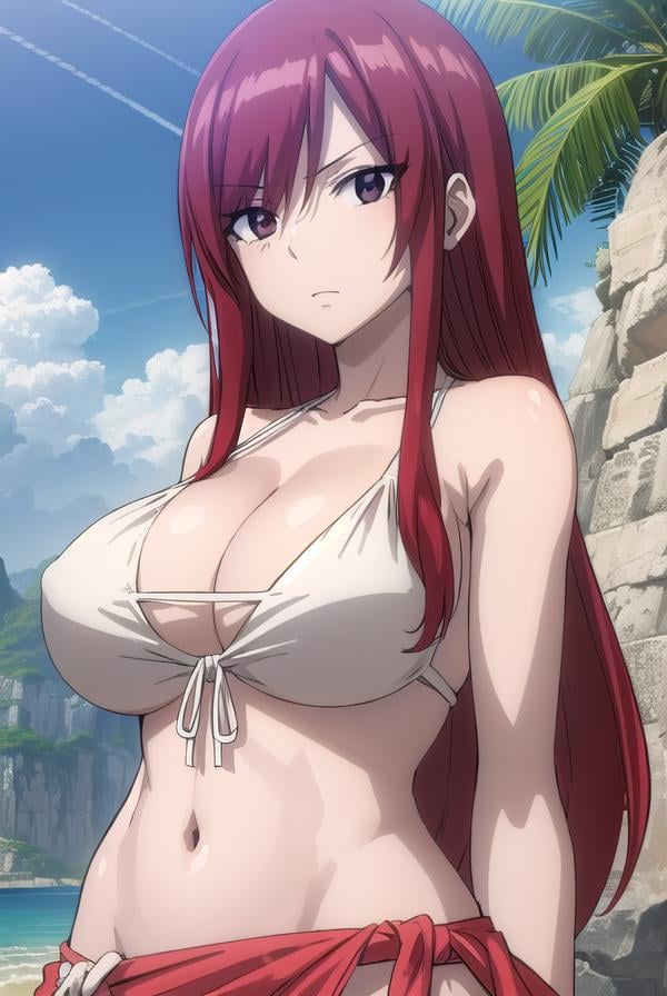 erzascarlet, <lora:erzascarlet-lora-nochekaiser:1>,erza scarlet, long hair, (red hair:1.5), hair between eyes, (brown eyes:1.5),navel, swimsuit, bikini, tattoo, white bikini, (sarong:1.5),BREAK outdoors, beach,BREAK looking at viewer, (cowboy shot:1.5),BREAK <lyco:GoodHands-beta2:1>, (masterpiece:1.2), best quality, high resolution, unity 8k wallpaper, (illustration:0.8), (beautiful detailed eyes:1.6), extremely detailed face, perfect lighting, extremely detailed CG, (perfect hands, perfect anatomy),