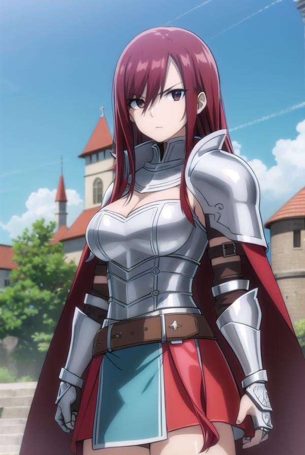 erzascarlet, <lora:erzascarlet-lora-nochekaiser:1>,erza scarlet, long hair, (red hair:1.5), hair between eyes, (brown eyes:1.5),skirt, thighhighs, cleavage, boots, belt, sword, cape, armor, gauntlets, armored boots, greaves, knight,BREAK outdoors, castle, sky, cloud, sun, forest,BREAK looking at viewer, (cowboy shot:1.5),BREAK <lyco:GoodHands-beta2:1>, (masterpiece:1.2), best quality, high resolution, unity 8k wallpaper, (illustration:0.8), (beautiful detailed eyes:1.6), extremely detailed face, perfect lighting, extremely detailed CG, (perfect hands, perfect anatomy),