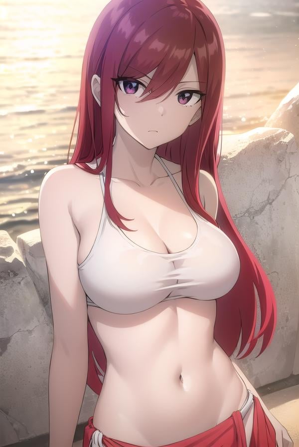 erzascarlet, <lora:erzascarlet-lora-nochekaiser:1>,erza scarlet, long hair, (red hair:1.5), hair between eyes, (brown eyes:1.5),navel, swimsuit, bikini, tattoo, white bikini, (sarong:1.5),BREAK outdoors, beach,BREAK looking at viewer, (cowboy shot:1.5),BREAK <lyco:GoodHands-beta2:1>, (masterpiece:1.2), best quality, high resolution, unity 8k wallpaper, (illustration:0.8), (beautiful detailed eyes:1.6), extremely detailed face, perfect lighting, extremely detailed CG, (perfect hands, perfect anatomy),