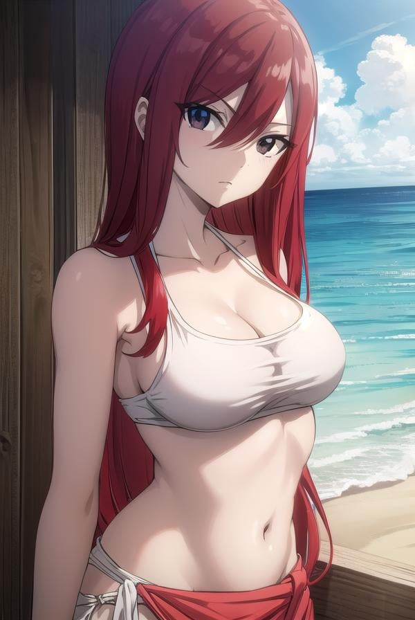 erzascarlet, <lora:erzascarlet-lora-nochekaiser:1>,erza scarlet, long hair, (red hair:1.5), hair between eyes, (brown eyes:1.5),navel, swimsuit, bikini, tattoo, white bikini, (sarong:1.5),BREAK outdoors, beach,BREAK looking at viewer, (cowboy shot:1.5),BREAK <lyco:GoodHands-beta2:1>, (masterpiece:1.2), best quality, high resolution, unity 8k wallpaper, (illustration:0.8), (beautiful detailed eyes:1.6), extremely detailed face, perfect lighting, extremely detailed CG, (perfect hands, perfect anatomy),