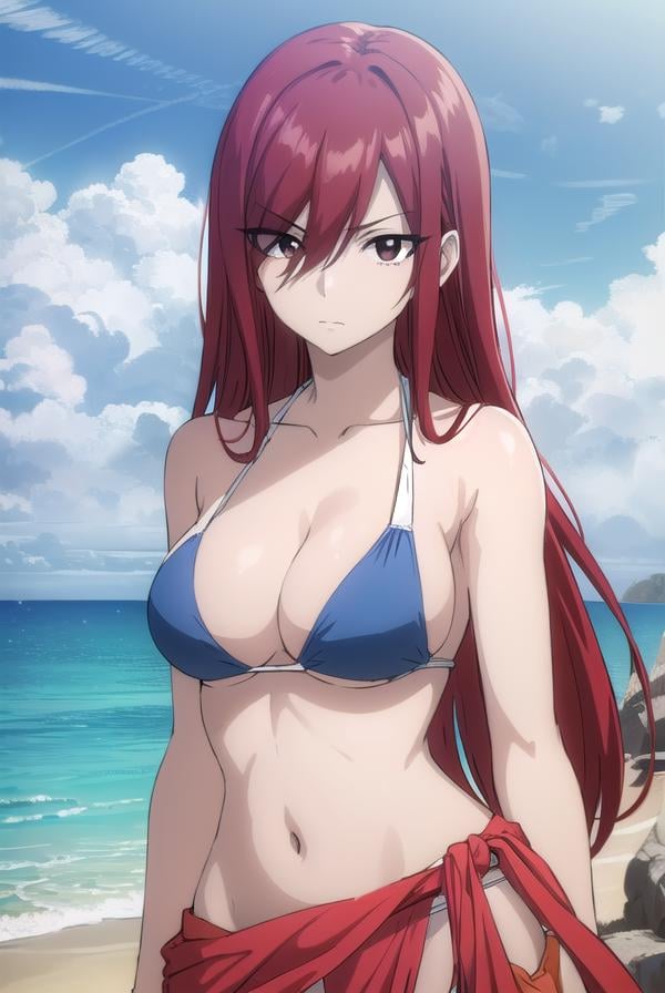 erzascarlet, <lora:erzascarlet-lora-nochekaiser:1>,erza scarlet, long hair, (red hair:1.5), hair between eyes, (brown eyes:1.5),navel, swimsuit, bikini, tattoo, white bikini, (sarong:1.5),BREAK outdoors, beach,BREAK looking at viewer, (cowboy shot:1.5),BREAK <lyco:GoodHands-beta2:1>, (masterpiece:1.2), best quality, high resolution, unity 8k wallpaper, (illustration:0.8), (beautiful detailed eyes:1.6), extremely detailed face, perfect lighting, extremely detailed CG, (perfect hands, perfect anatomy),