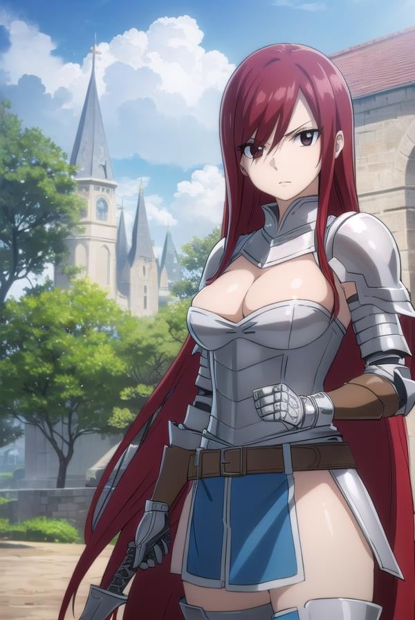 erzascarlet, <lora:erzascarlet-lora-nochekaiser:1>,erza scarlet, long hair, (red hair:1.5), hair between eyes, (brown eyes:1.5),skirt, thighhighs, cleavage, boots, belt, sword, cape, armor, gauntlets, armored boots, greaves, knight,BREAK outdoors, castle, sky, cloud, sun, forest,BREAK looking at viewer, (cowboy shot:1.5),BREAK <lyco:GoodHands-beta2:1>, (masterpiece:1.2), best quality, high resolution, unity 8k wallpaper, (illustration:0.8), (beautiful detailed eyes:1.6), extremely detailed face, perfect lighting, extremely detailed CG, (perfect hands, perfect anatomy),