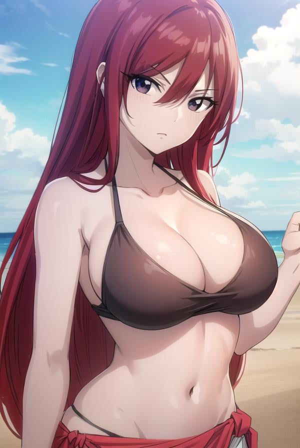 erzascarlet, <lora:erzascarlet-lora-nochekaiser:1>,erza scarlet, long hair, (red hair:1.5), hair between eyes, (brown eyes:1.5),navel, swimsuit, bikini, tattoo, white bikini, (sarong:1.5),BREAK outdoors, beach,BREAK looking at viewer, (cowboy shot:1.5),BREAK <lyco:GoodHands-beta2:1>, (masterpiece:1.2), best quality, high resolution, unity 8k wallpaper, (illustration:0.8), (beautiful detailed eyes:1.6), extremely detailed face, perfect lighting, extremely detailed CG, (perfect hands, perfect anatomy),