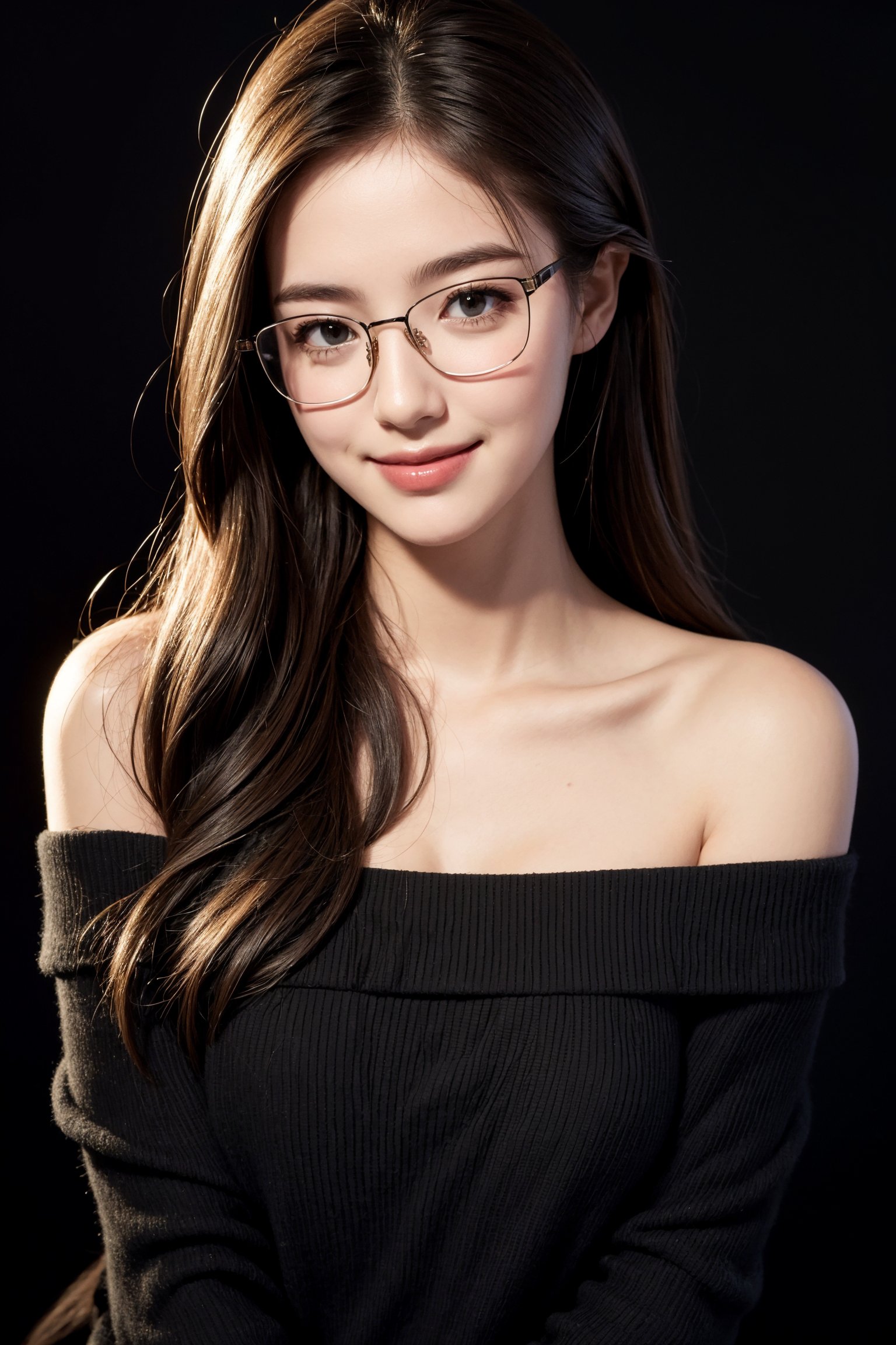 masterpiece, best quality, photorealistic, raw photo, 1girl, glasses, long hair, daily outfit, light smile, detailed skin, pore, off_shoulder, low key, black_background