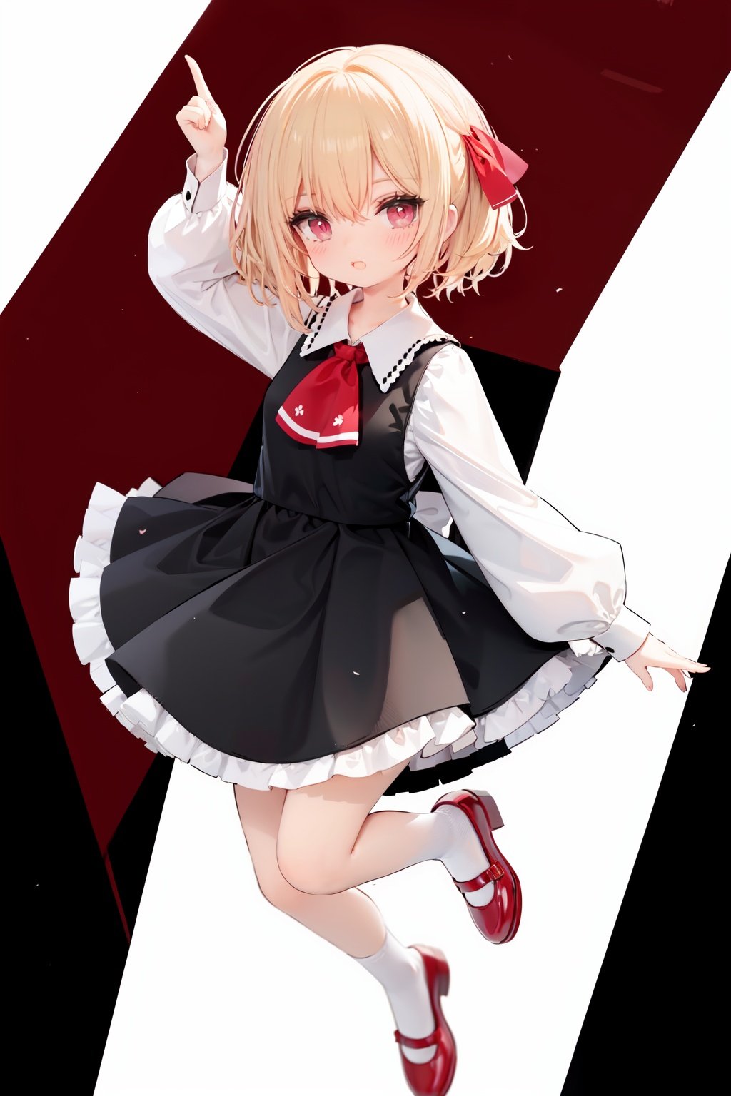  1girl, rumia, blonde hair, solo, white background, red eyes, red footwear, simple background, ascot, short hair, ribbon, open mouth, hair ribbon, smile, long sleeves, shirt, looking at viewer, red ascot, white socks, white shirt, red ribbon, shoes, socks, frills, bangs, outstretched arms, hair between eyes, skirt, :d, dress, vest, mary janes, black dress, black skirt, collared shirt, black vest, blush