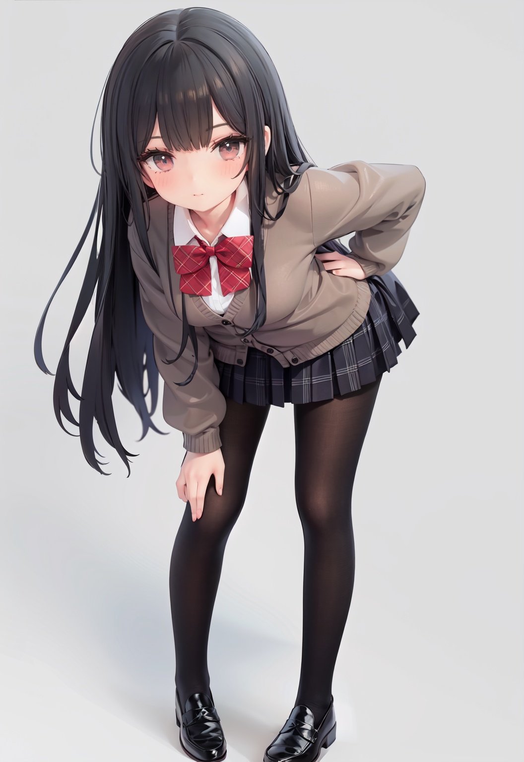  1girl, solo, pantyhose, skirt, long hair, loafers, shoes, simple background, school uniform, brown eyes, plaid, black pantyhose, plaid skirt, looking at viewer, black hair, pantyhose pull, full body, clothes pull, black footwear, pleated skirt, leaning forward, bangs, long sleeves, bent over, cardigan, bow, bowtie, standing, closed mouth, pulled by self, grey background, blush, miniskirt, red bow, sweater, undressing